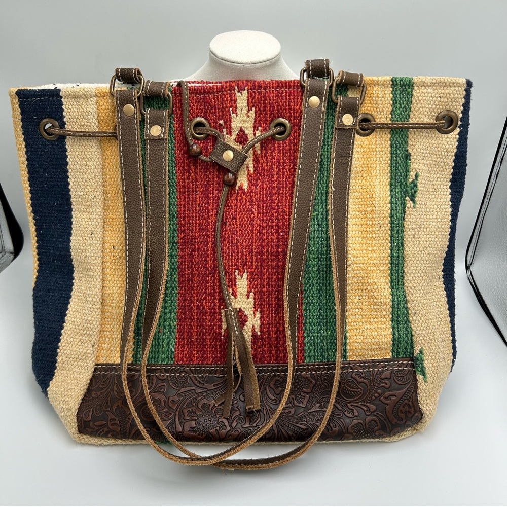 Myra Tote Bag Western Canvas Embossed Leather Ties Purse Handbag